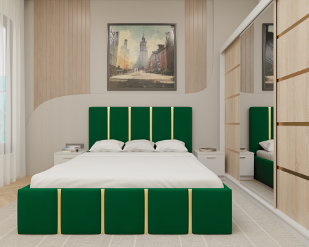 Dormitor MILANO Tapitat, 250X200 Alb&Sonoma cu oglinda, Somiera Rabatabila