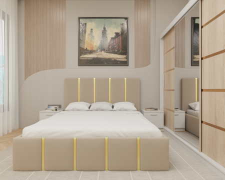 Dormitor MILANO Tapitat, 250X200 Alb&Sonoma cu oglinda, Somiera Rabatabila