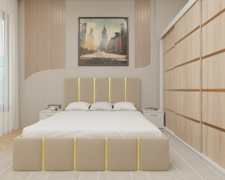 Dormitor MILANO Tapitat, 250X200 Alb&Sonoma fara oglinda, Somiera Rabatabila