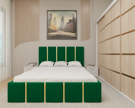 Dormitor MILANO Tapitat, 250X200 Alb&Sonoma fara oglinda, Somiera Rabatabila