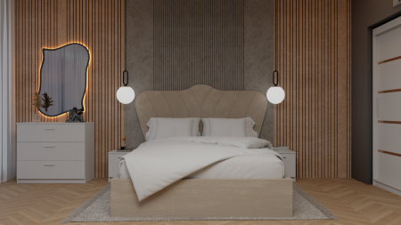 Dormitor Queen Pat Tapitat Dressing 200x200 Alb Cu Oglinda