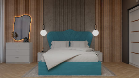 Dormitor Queen Pat Tapitat Dressing 200x200 Alb Cu Oglinda