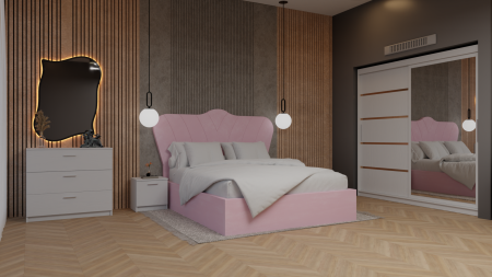 Dormitor Queen Pat Tapitat Dressing 200x200 Alb Cu Oglinda [1]