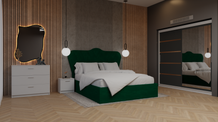 Dormitor Queen Pat Tapitat Dressing 200x200 Alb&Gri Antracit Cu Oglinda [1]