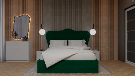 Dormitor Queen Pat Tapitat Dressing 200x200 Alb&Gri Antracit Cu Oglinda