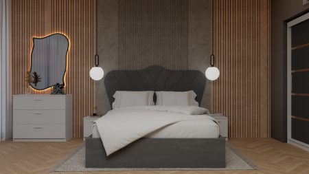 Mobila Dormitor - Dormitor Queen Pat Tapitat Dressing 200x200 Alb&Gri Antracit Cu Oglinda