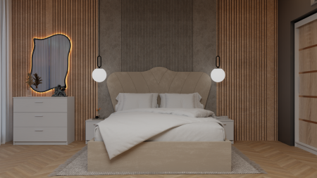 Mobila Dormitor - Dormitor Queen Pat Tapitat Dressing 200x200 Alb&Sonoma Cu Oglinda