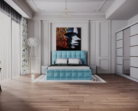 Dormitor Regal cu Pat Tapitat cu dulap 250x200 usi glisante cu Oglinda, noptiere si comoda