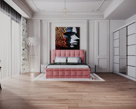 Dormitor Regal cu Pat Tapitat cu dulap 250x200 usi glisante cu Oglinda, noptiere si comoda