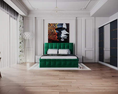 Dormitor Regal cu Pat Tapitat cu dulap 250x200 usi glisante cu Oglinda, noptiere si comoda