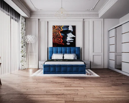 Dormitor Regal cu Pat Tapitat cu dulap 250x200 usi glisante cu Oglinda, noptiere si comoda