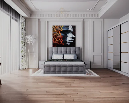 Seturi Dormitor - Dormitor Regal cu Pat Tapitat cu dulap 250x200 usi glisante cu Oglinda, noptiere si comoda