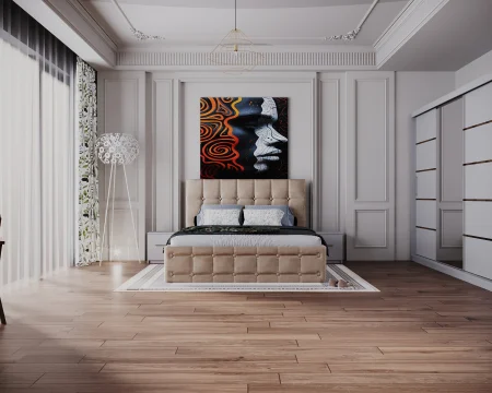 Dormitor Regal cu Pat Tapitat cu dulap 250x200 usi glisante cu Oglinda, noptiere si comoda