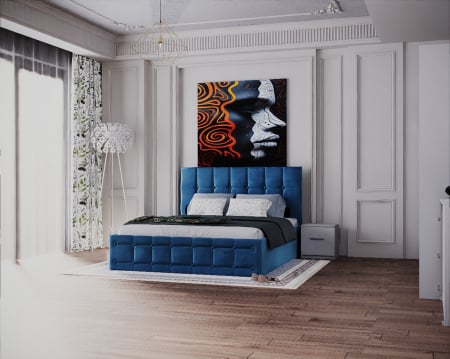 Dormitor Regal cu Pat Tapitat Stofa Albastra cu dulap 200*200 usi glisante Alb, noptiere si comoda [3]
