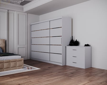 Dormitor Regal cu Pat Tapitat Stofa Bej cu dulap 250*200 usi glisante Alb, noptiere si comoda [3]