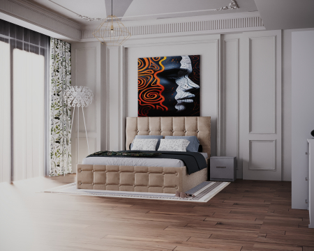 Mobila Dormitor - Dormitor Regal cu Pat Tapitat Stofa Bej cu dulap 250*200 usi glisante Alb, noptiere si comoda