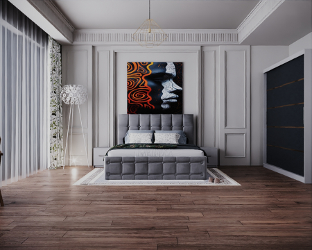 Dormitor Regal cu Pat Tapitat Stofa Gri cu dulap 200*200 usi glisante Alb&Antracit, noptiere si comoda
