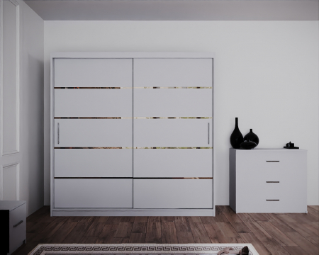 Dormitor Regal cu Pat Tapitat Stofa Roz cu dulap 200*200 usi glisante Alb, noptiere si comoda [2]