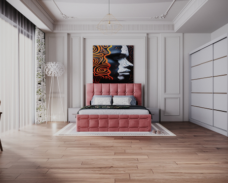 Mobila Dormitor - Dormitor Regal cu Pat Tapitat Stofa Roz cu dulap 250*200 usi glisante Alb, noptiere si comoda