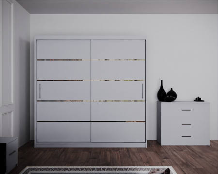 Dormitor Regal cu Pat Tapitat Stofa Turcoaz cu dulap 200*200 usi glisante Alb, noptiere si comoda [2]