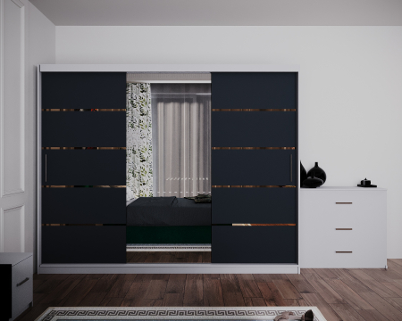 Dormitor Regal cu Pat Tapitat Stofa Verde cu dulap 250*200 usi glisante Alb&Antracit cu Oglinda, noptiere si comoda [2]
