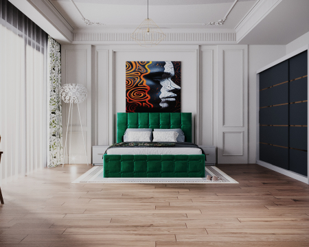 Mobila Dormitor - Dormitor Regal cu Pat Tapitat Stofa Verde cu dulap 250*200 usi glisante Alb&Antracit, noptiere si comoda