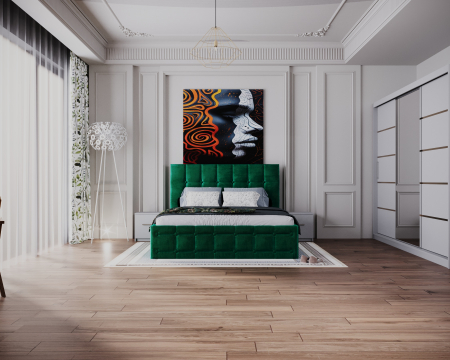 Mobila Dormitor - Dormitor Regal cu Pat Tapitat Stofa Verde cu dulap 250*200 usi glisante Alb cu Oglinda, noptiere si comoda