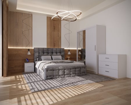Seturi Dormitor - Dormitor Regal Tapitat Gri 2 Usi Alb cu Oglinda