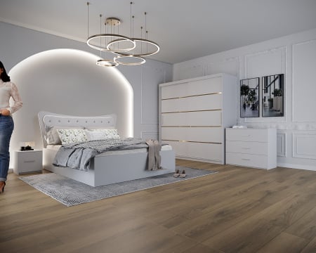 Dormitor Vista cu Pat Tapitat Alb cu dulap 200*200 usi glisante Alb, noptiere si comoda