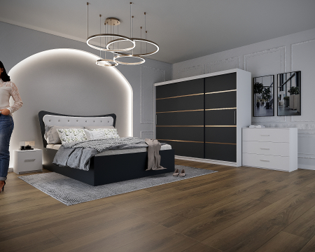 Dormitor Vista Tapitat Alb&Gri Antracit Dressing 3 usi 250x200