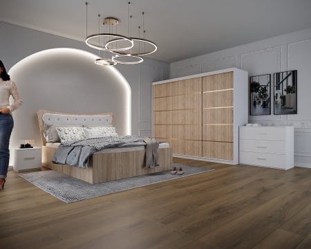 Mobila Dormitor - Dormitor Vista Tapitat Alb&Sonoma Dressing 3 usi 250x200