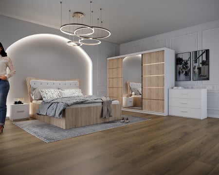 Mobila Dormitor - Dormitor Vista Tapitat Sonoma&Alb Dressing 3 usi cu Oglinda 250x200