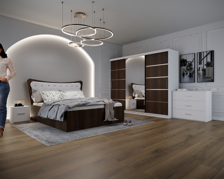 Dormitor Vista Tapitat Wenge&Alb Dressing 3 usi cu Oglinda 250x200