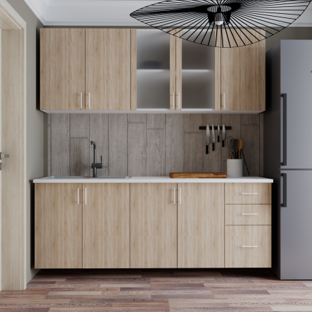 Mobila Bucatarie - Bucatarie Lana, Blat termorezistent, Alb/Sonoma, 200x60.1x200 cm