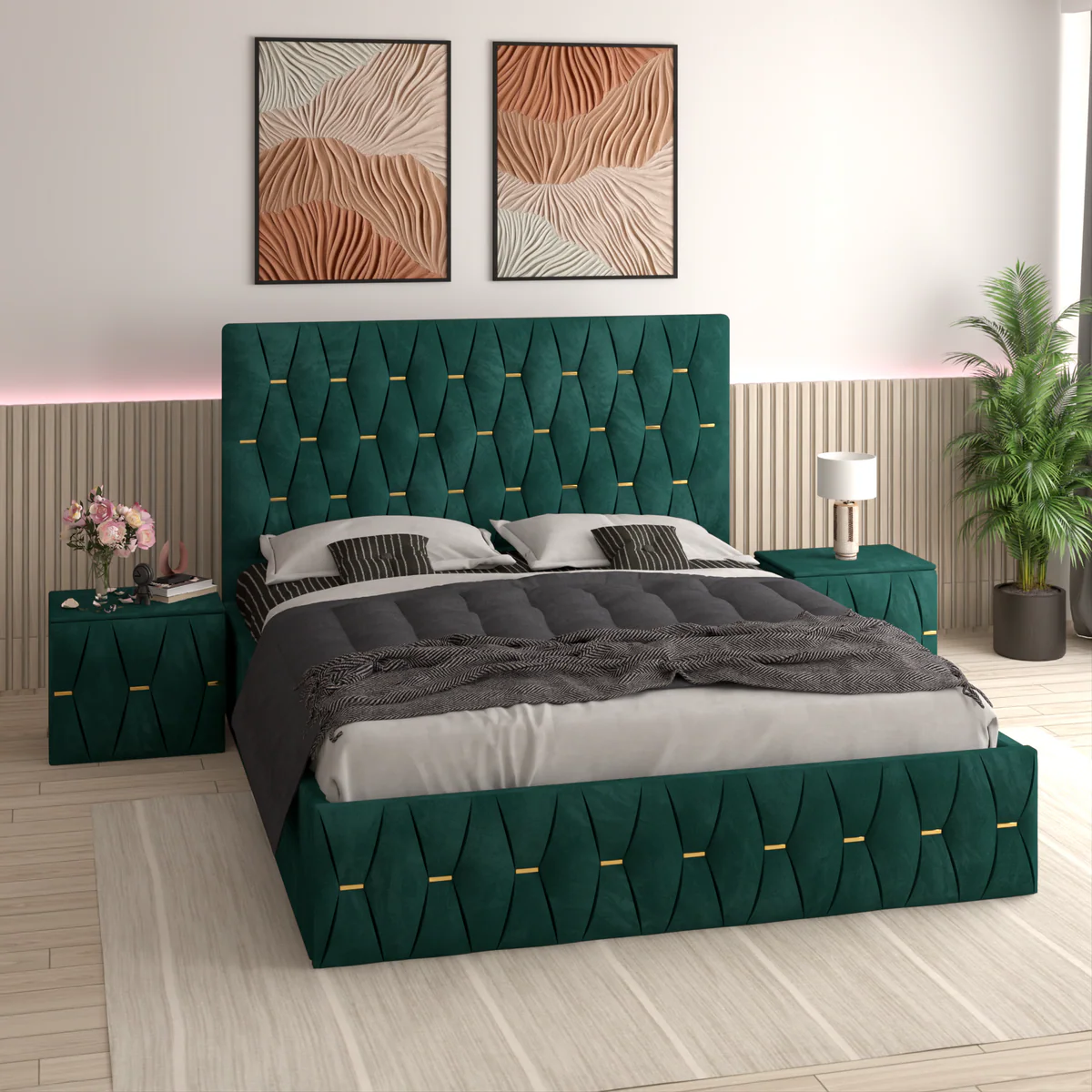 Pat Monaco Cu 2 Noptiere, Somiera Rabatabila