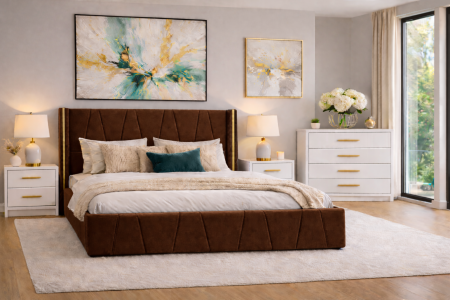 Pat tapitat Eva cu somiera și set 2 noptiere si comoda din mdf lucios