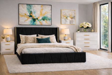 Seturi Pat - Pat tapitat Eva cu somiera și set 2 noptiere si comoda din mdf lucios