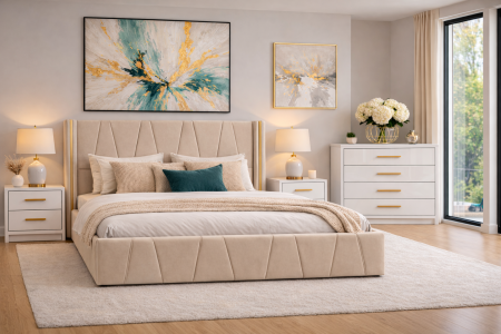 Seturi Pat - Pat tapitat Eva cu somiera și set 2 noptiere si comoda din mdf lucios