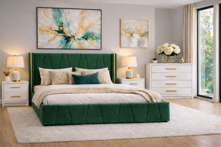 Pat tapitat Eva cu somiera și set 2 noptiere si comoda din mdf lucios