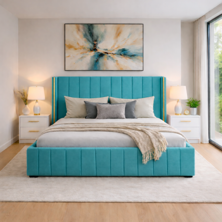 Seturi Pat - Pat tapitat Golden cu somiera și set 2 noptiere din mdf lucios