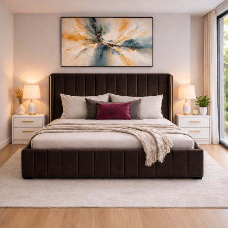 Pat tapitat Golden cu somiera și set 2 noptiere din mdf lucios