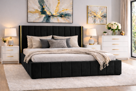 Seturi Pat - Pat tapitat Golden cu somiera și set 2 noptiere si comoda din mdf lucios