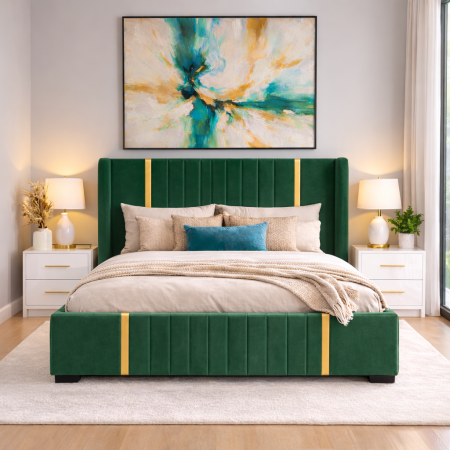 Pat tapitat Hawaii cu somiera și set 2 noptiere din mdf lucios