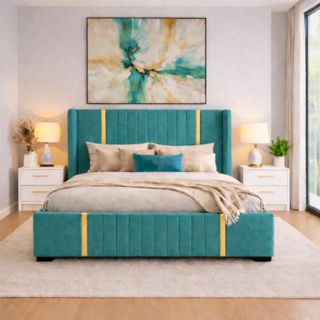 Pat tapitat Hawaii cu somiera și set 2 noptiere din mdf lucios