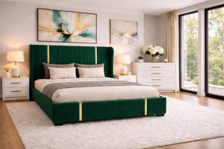 Pat tapitat Hawaii cu somiera și set 2 noptiere si comoda din mdf lucios