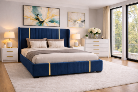 Pat tapitat Hawaii cu somiera și set 2 noptiere si comoda din mdf lucios