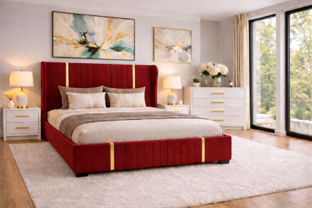 Seturi Pat - Pat tapitat Hawaii cu somiera și set 2 noptiere si comoda din mdf lucios