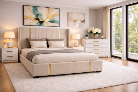 Pat tapitat Hawaii cu somiera și set 2 noptiere si comoda din mdf lucios