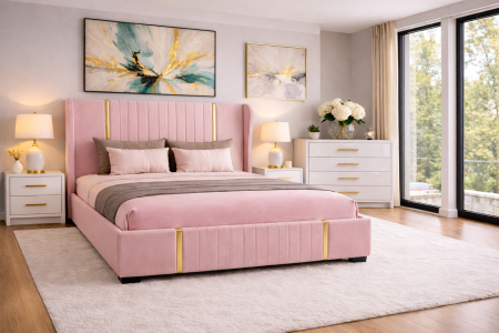 Pat tapitat Hawaii cu somiera și set 2 noptiere si comoda din mdf lucios