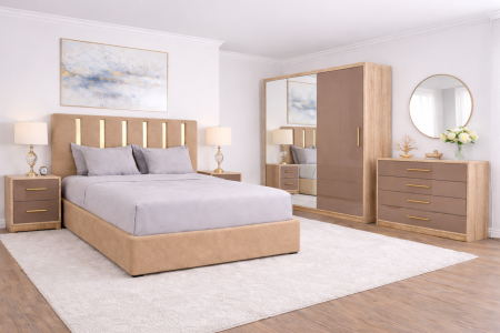 Seturi Pat - Set Dormitor din  MDF lucios ZOE cu Somiera rabatabila si lada, dressing 150x200